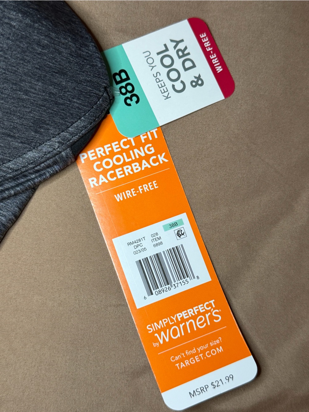 Warner's Gray Wire-Free Cooling Racerback Bra with Orange Tag